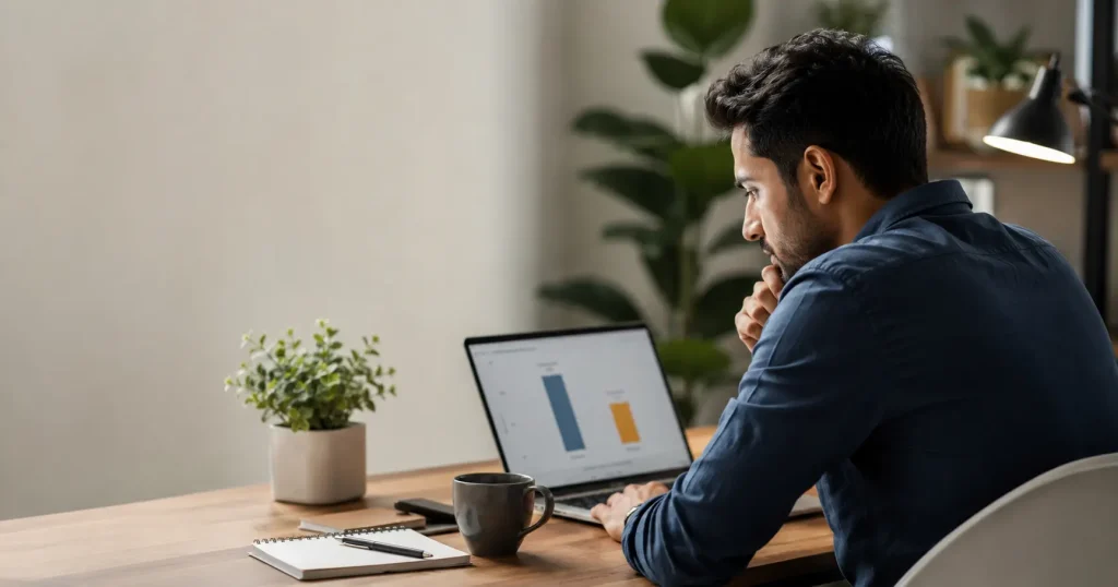 A founder reviewing a cost comparison between no-code automation and custom AI automation on a laptop screen.