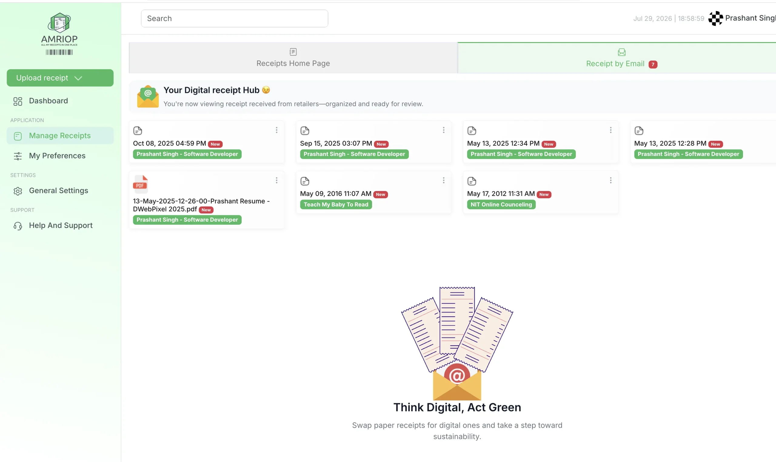 AMRIOP Receipt by Email tab listing seven receipts fetched automatically from the user's inbox, each already tagged with its retailer name