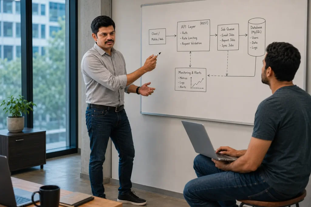 Prashant Singh sketching a backend architecture diagram with an API layer, job queue, and database on a whiteboard for a startup founder