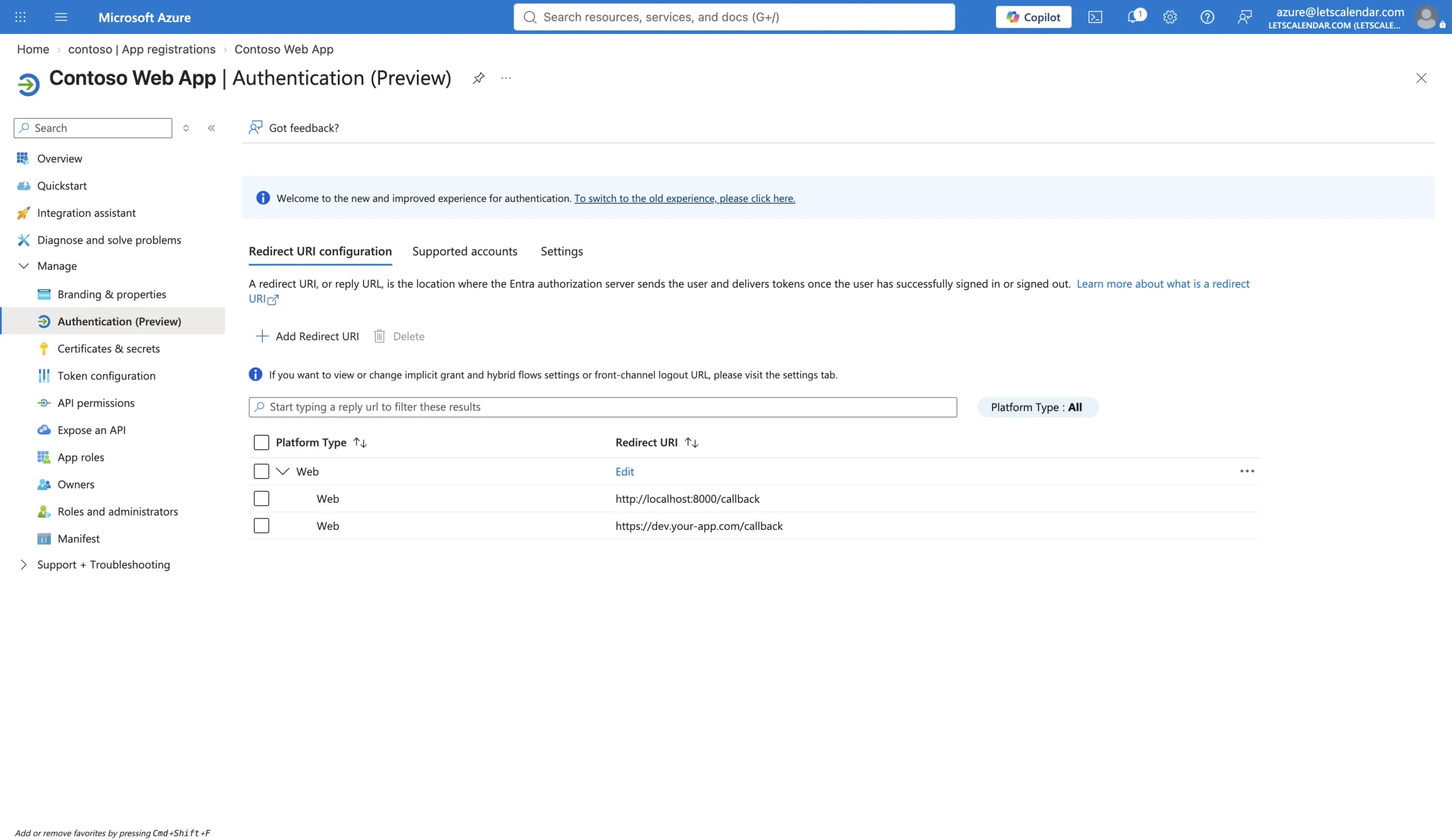 How To Read Emails Using Microsoft Graph API In Laravel 12? 2 The Microsoft Entra admin center App registrations screen with a new Laravel app registration and its redirect URI.