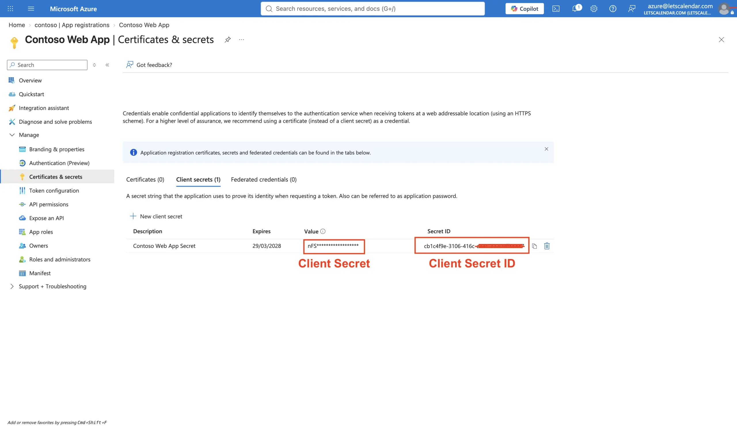 How To Read Emails Using Microsoft Graph API In Laravel 12? 3 The Certificates and secrets screen in Microsoft Entra ID showing a newly created client secret value.