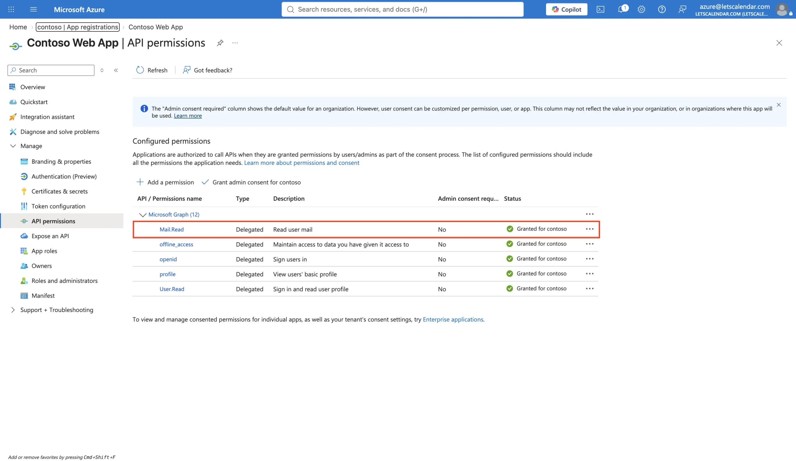 How To Read Emails Using Microsoft Graph API In Laravel 12? 4 The API permissions screen in Microsoft Entra ID showing the Microsoft Graph API Mail.Read delegated permission added.