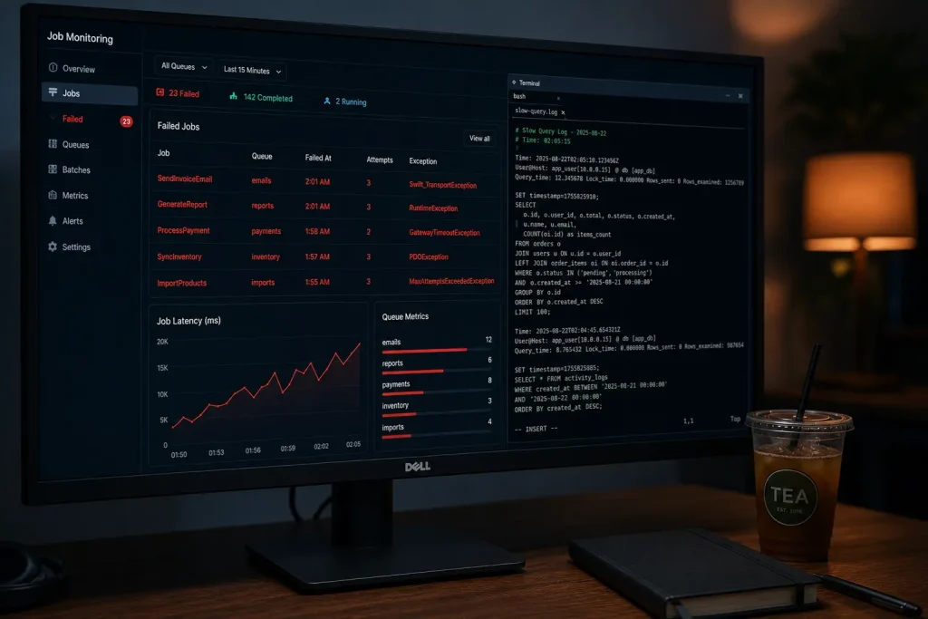 Monitor showing a background job monitoring dashboard with failed jobs in red and a slow query log open in a terminal