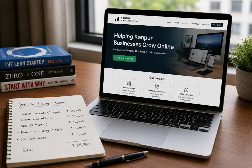 A laptop screen showing a small business website mockup next to a handwritten pricing sheet on a desk