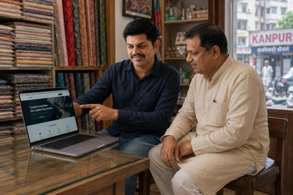 A Kanpur shop owner reviewing a new website design with developer Prashant Singh on a laptop