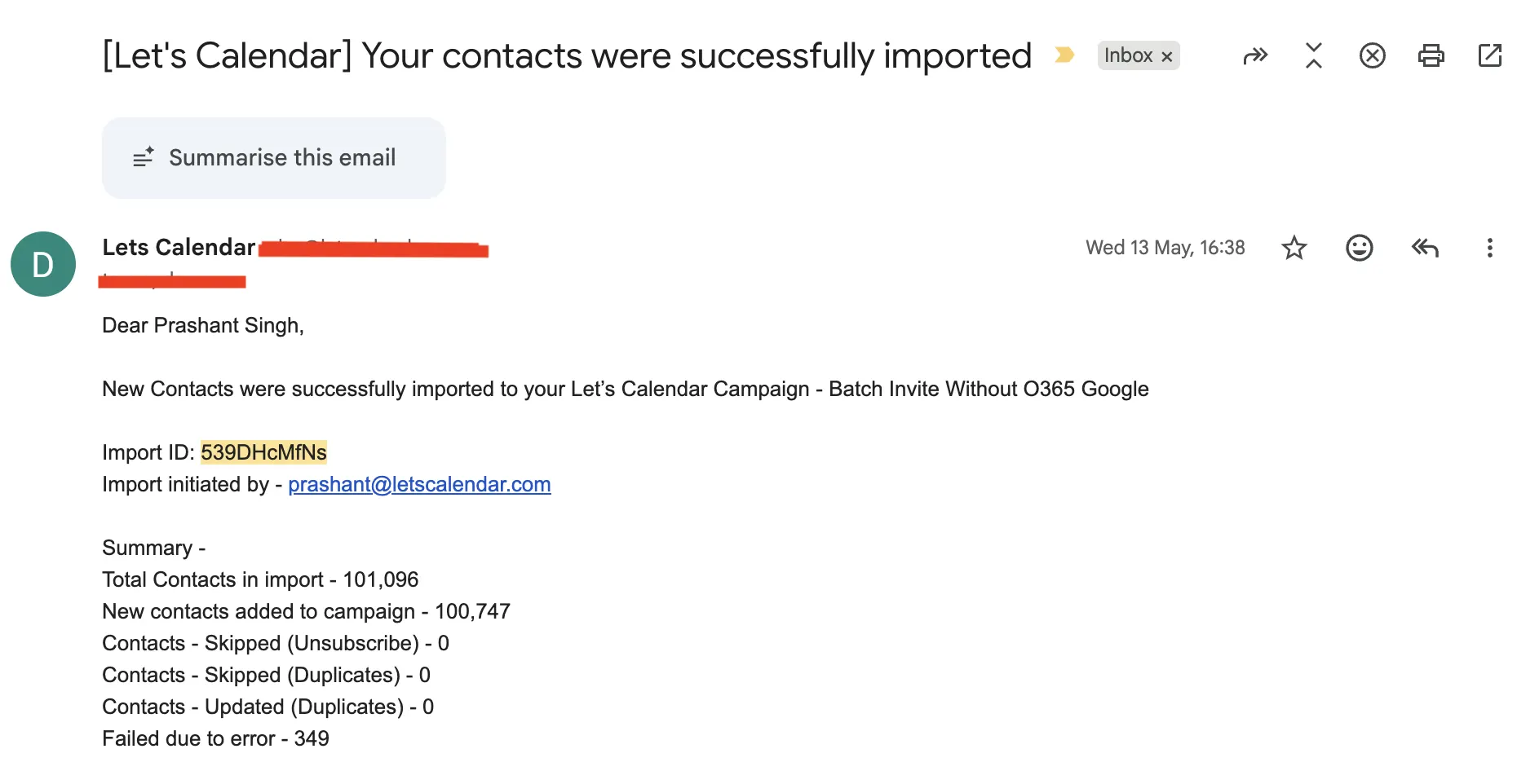 Two Let's Calendar system emails for import ID 539DHcMfNs on 13 May 2026, timestamped 16:37 and 16:38, reporting 101,096 contacts imported and 100,747 added
