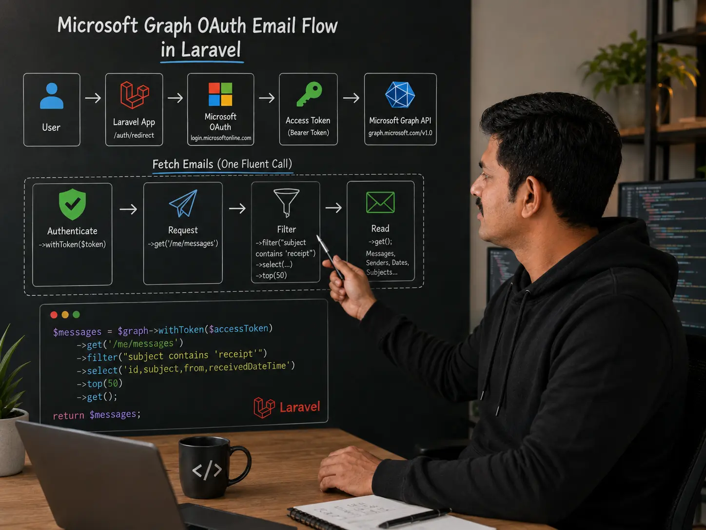How To Read Emails Using Microsoft Graph API In Laravel 12? 5 A developer tracing the OAuth and Microsoft Graph request flow that fetches and filters emails in a Laravel app.