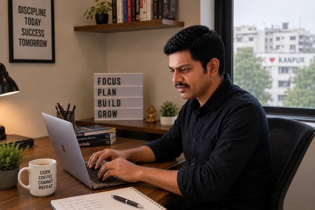 Prashant Singh, a web developer in Kanpur, working on a client website at his desk