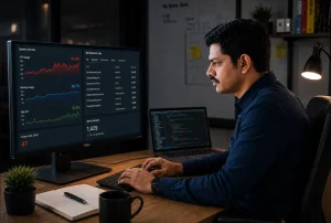Backend developer Prashant Singh reviewing a server monitoring dashboard showing CPU spikes and queued background jobs