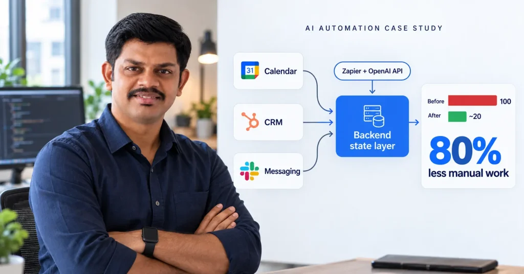 AI automation case study explainer graphic: Explainer graphic showing Prashant Singh beside a diagram of a calendar app, CRM, and messaging tool feeding one backend state layer, with an 80 percent drop in manual work