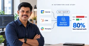 AI automation case study explainer graphic: Explainer graphic showing Prashant Singh beside a diagram of a calendar app, CRM, and messaging tool feeding one backend state layer, with an 80 percent drop in manual work