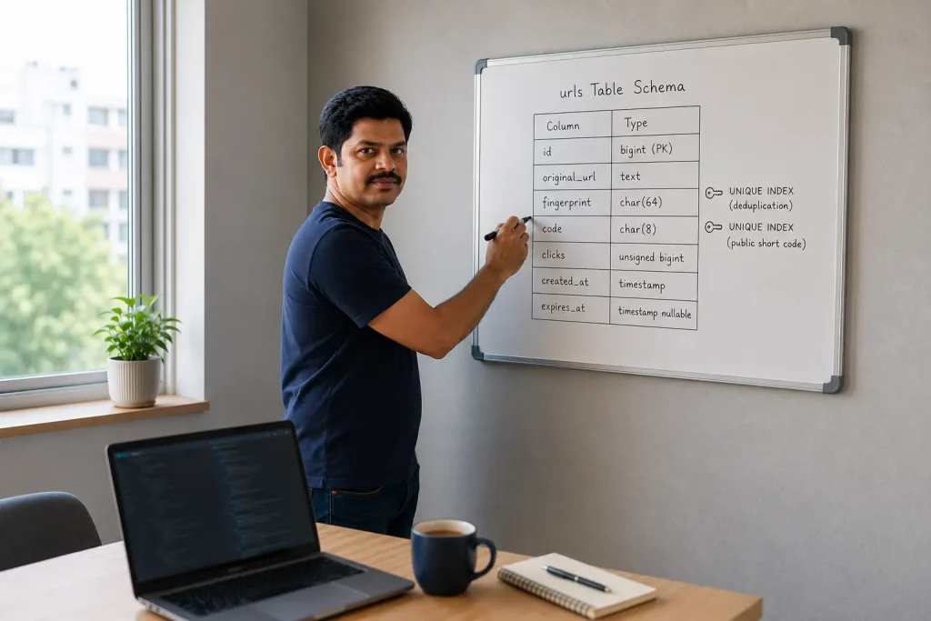 How To Create Hashed URL? Laravel Short URL Generator (2026) 2 A developer sketching the urls table schema for a Laravel short URL generator on a whiteboard beside his laptop.